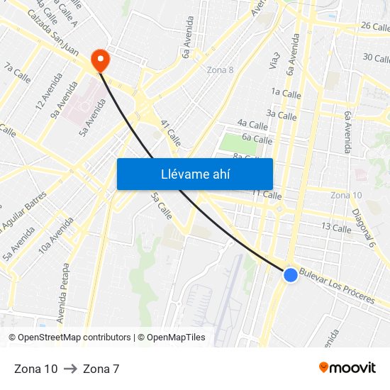 Zona 10 to Zona 7 map