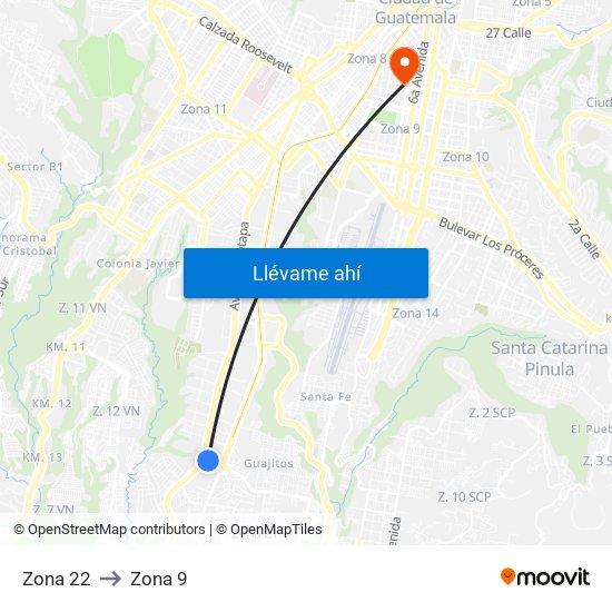 Zona 22 to Zona 9 map