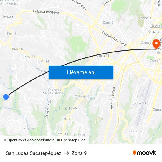 San Lucas Sacatepéquez to Zona 9 map