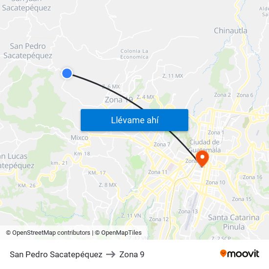 San Pedro Sacatepéquez to Zona 9 map