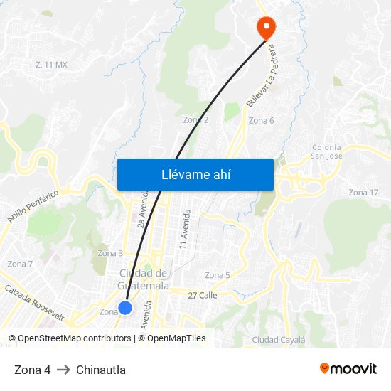 Zona 4 to Chinautla map