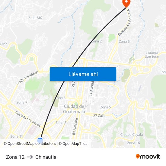 Zona 12 to Chinautla map