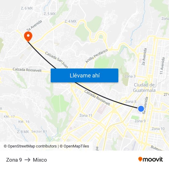 Zona 9 to Mixco map