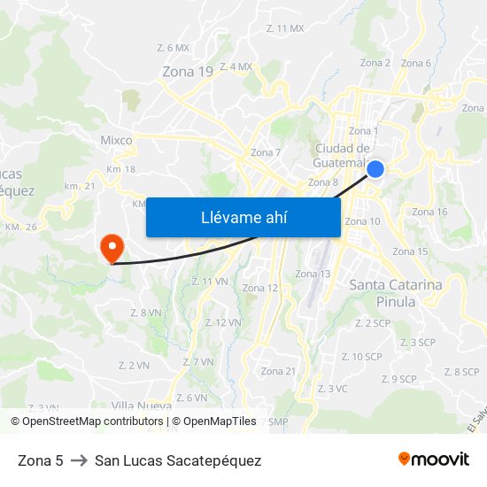 Zona 5 to San Lucas Sacatepéquez map