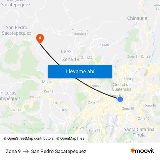 Zona 9 to San Pedro Sacatepéquez map
