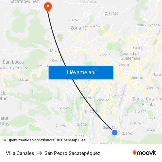 Villa Canales to San Pedro Sacatepéquez map