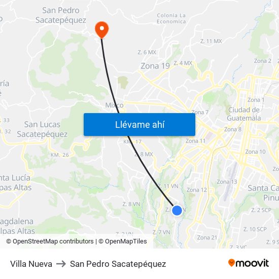 Villa Nueva to San Pedro Sacatepéquez map