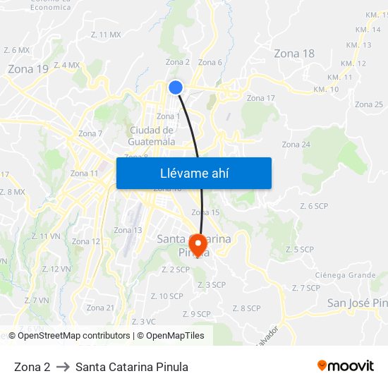 Zona 2 to Santa Catarina Pinula map