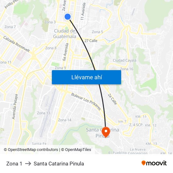 Zona 1 to Santa Catarina Pinula map