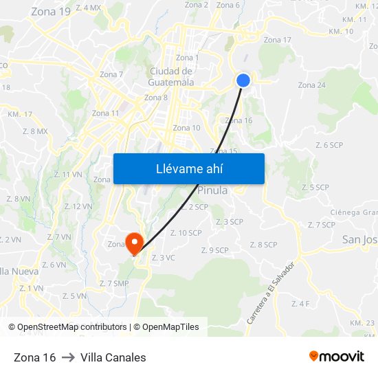 Zona 16 to Villa Canales map