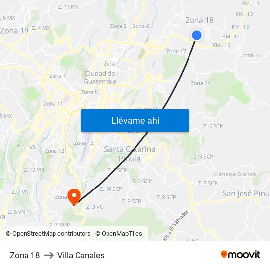 Zona 18 to Villa Canales map