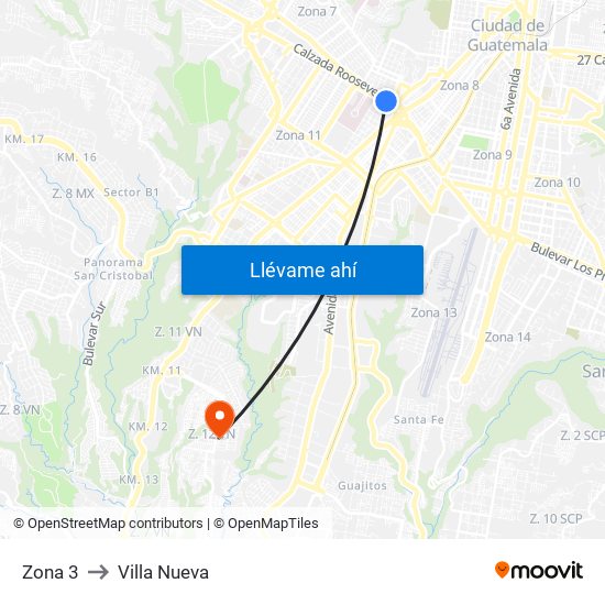 Zona 3 to Villa Nueva map