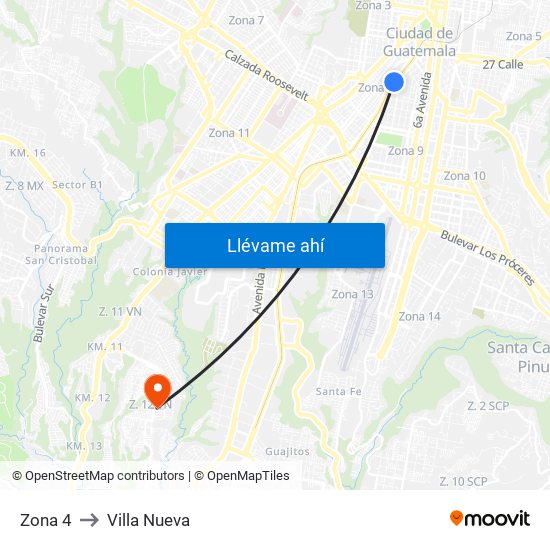 Zona 4 to Villa Nueva map