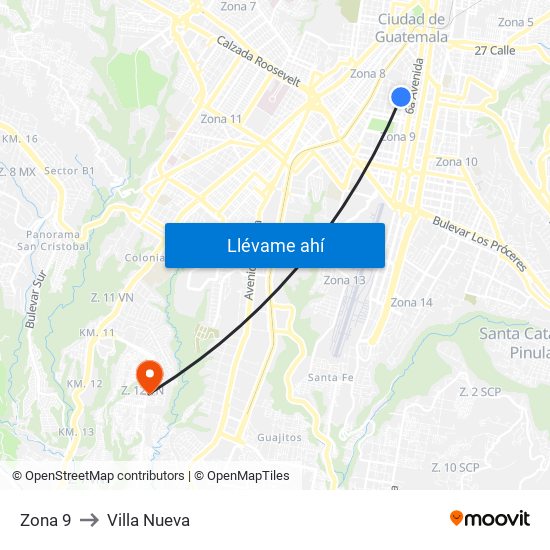 Zona 9 to Villa Nueva map