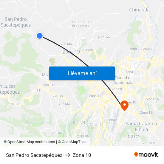 San Pedro Sacatepéquez to Zona 10 map