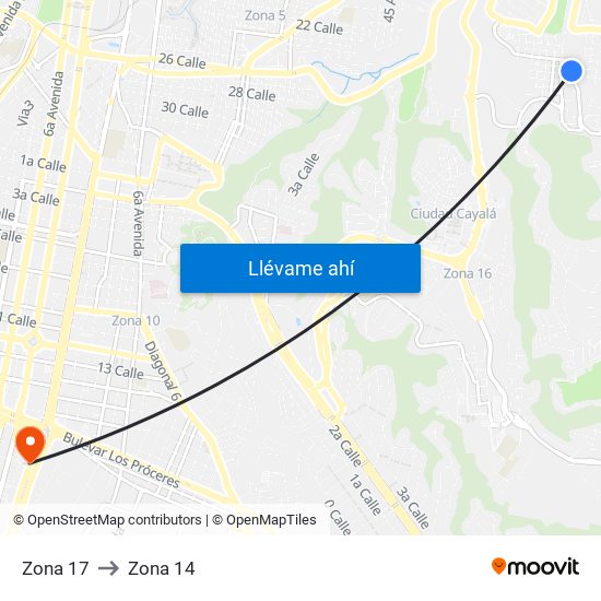 Zona 17 to Zona 14 map