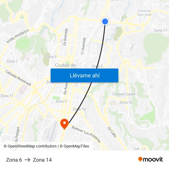 Zona 6 to Zona 14 map