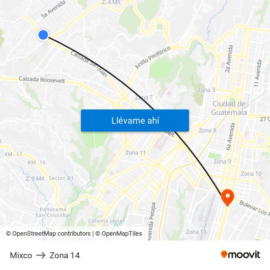 Mixco to Zona 14 map