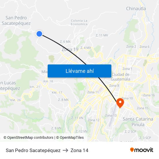 San Pedro Sacatepéquez to Zona 14 map