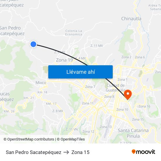 San Pedro Sacatepéquez to Zona 15 map