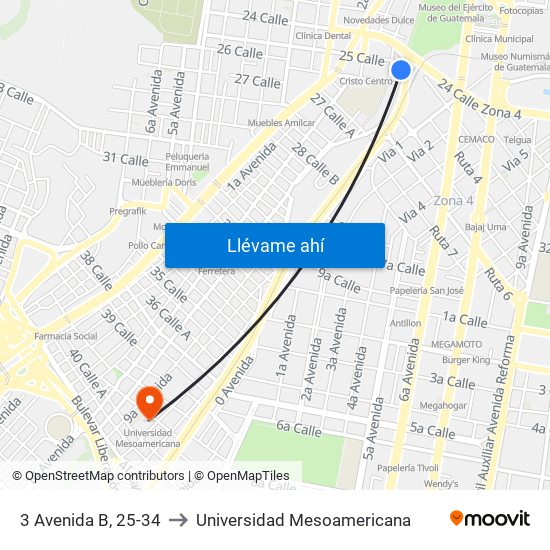 3 Avenida B, 25-34 to Universidad Mesoamericana map