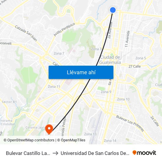 Bulevar Castillo Lara, 6-40 to Universidad De San Carlos De Guatemala map