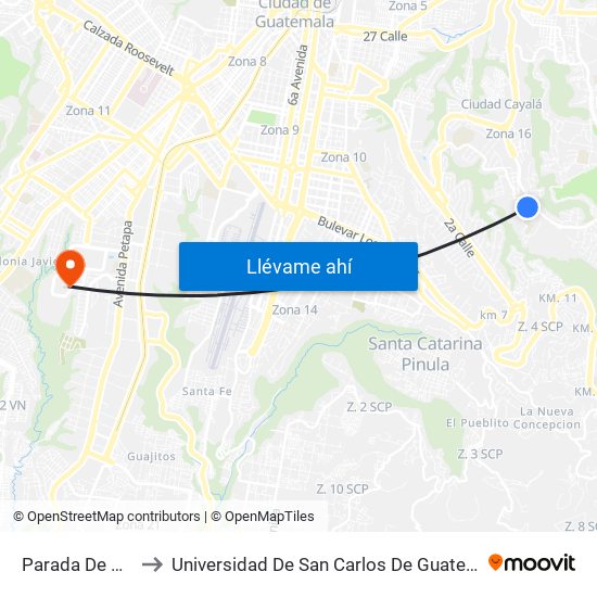 Parada De Bus to Universidad De San Carlos De Guatemala map