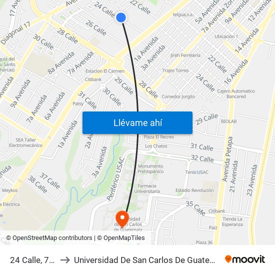 24 Calle, 790 to Universidad De San Carlos De Guatemala map