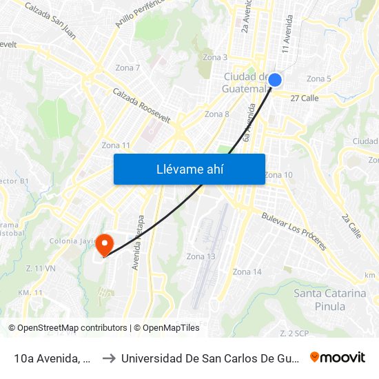 10a Avenida, 2155 to Universidad De San Carlos De Guatemala map