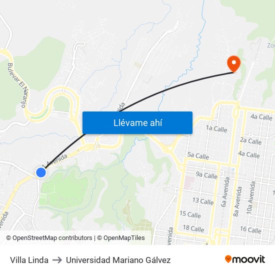 Villa Linda to Universidad Mariano Gálvez map