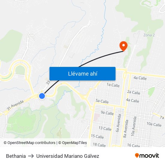 Bethania to Universidad Mariano Gálvez map