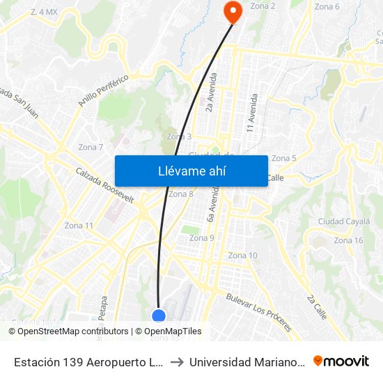 Estación 139 Aeropuerto La Aurora to Universidad Mariano Gálvez map