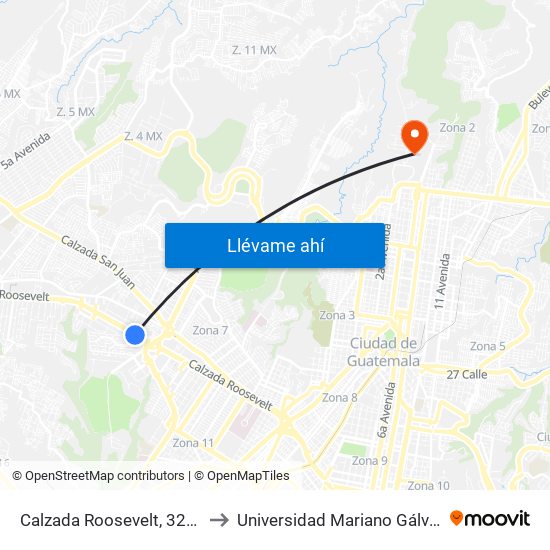 Calzada Roosevelt, 3201 to Universidad Mariano Gálvez map