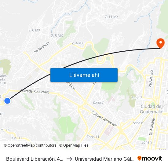 Boulevard Liberación, 4-74 to Universidad Mariano Gálvez map