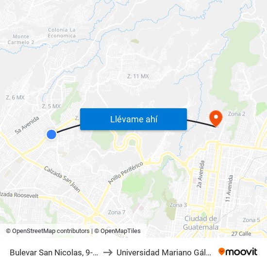 Bulevar San Nicolas, 9-07 to Universidad Mariano Gálvez map