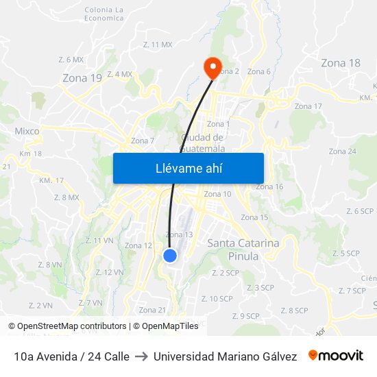 10a Avenida / 24 Calle to Universidad Mariano Gálvez map