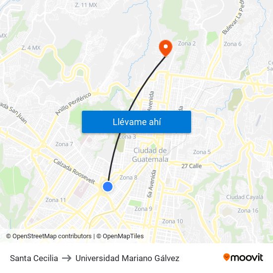 Santa Cecilia to Universidad Mariano Gálvez map