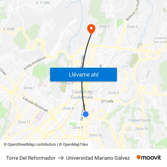 Torre Del Reformador to Universidad Mariano Gálvez map