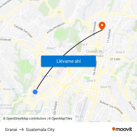 Granai to Guatemala City map