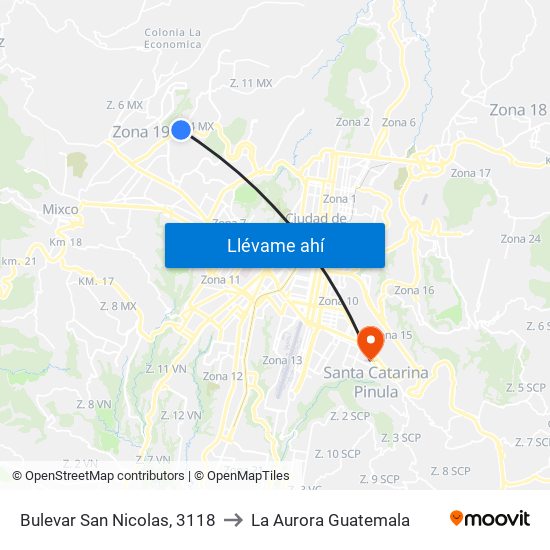 Bulevar San Nicolas, 3118 to La Aurora Guatemala map