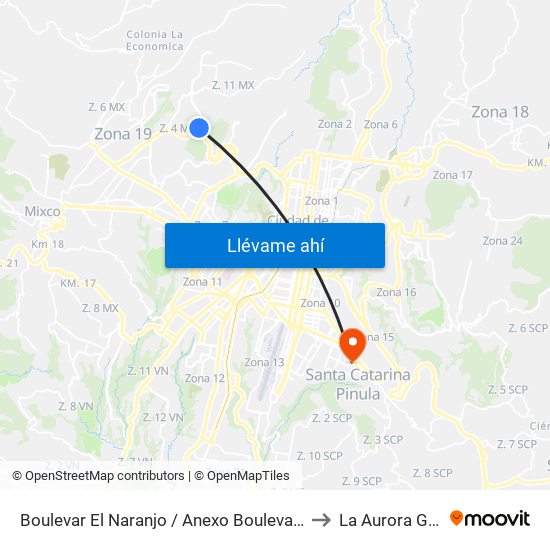 Boulevar El Naranjo / Anexo Boulevar Fulgencio Hernández to La Aurora Guatemala map