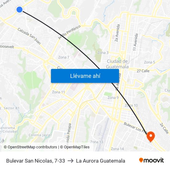 Bulevar San Nicolas, 7-33 to La Aurora Guatemala map