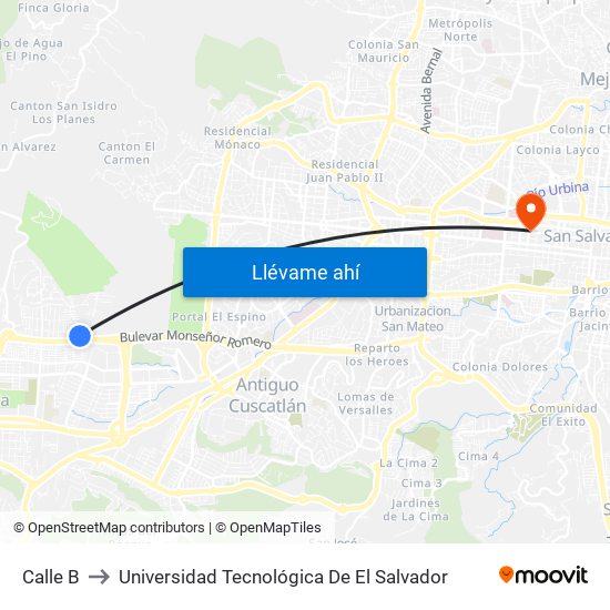 Calle B to Universidad Tecnológica De El Salvador map