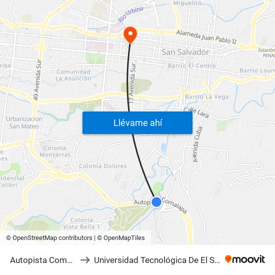 Autopista Comalapa to Universidad Tecnológica De El Salvador map