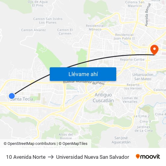 10 Avenida Norte to Universidad Nueva San Salvador map