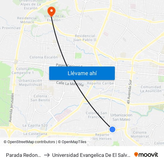 Parada Redondel to Universidad Evangelica De El Salvador map