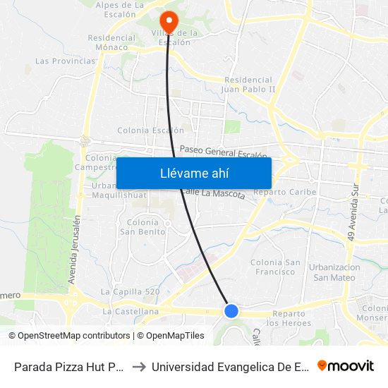 Parada Pizza Hut Proceres to Universidad Evangelica De El Salvador map