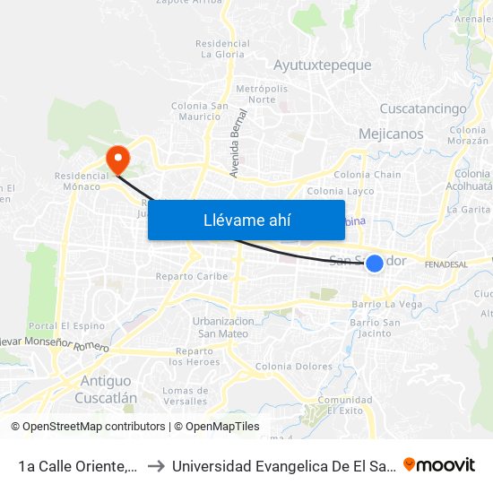 1a Calle Oriente, 217 to Universidad Evangelica De El Salvador map