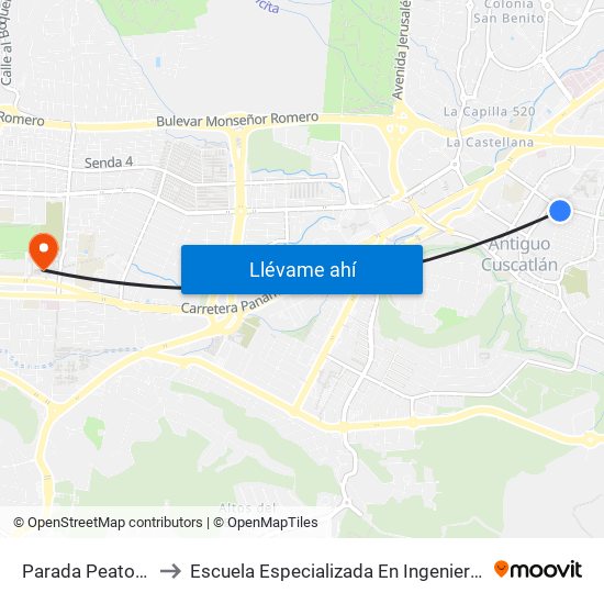 Parada Peatonal Uca to Escuela Especializada En Ingeniería Itca-Fepade map