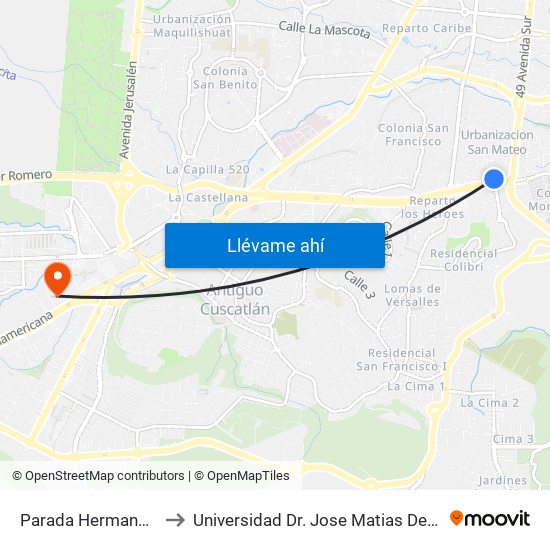 Parada Hermano Lejano 2 to Universidad Dr. Jose Matias Delgado Campus I map